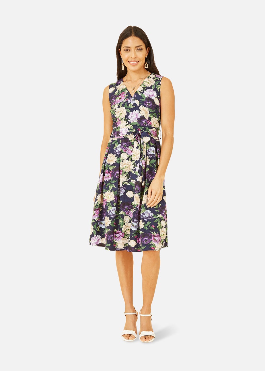 Mela Floral Wrap Sleeveless Skater Dress In Navy
