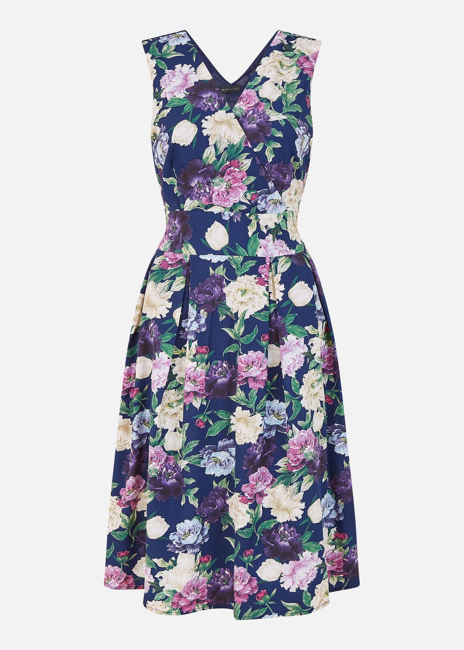 Mela Floral Wrap Sleeveless Skater Dress In Navy
