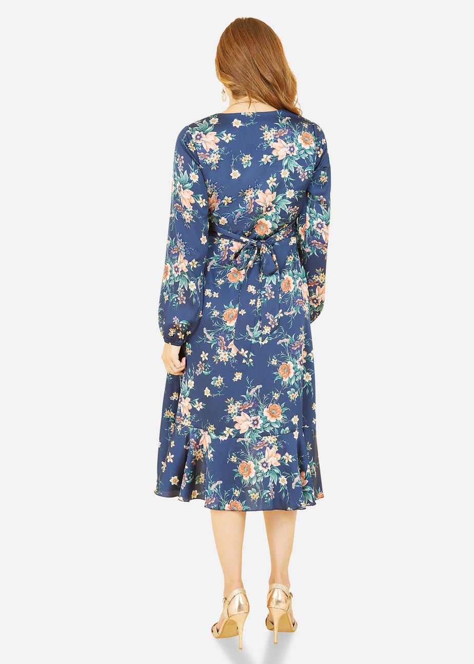 Mela Long Sleeve Floral Print Satin Wrap Dress In Navy
