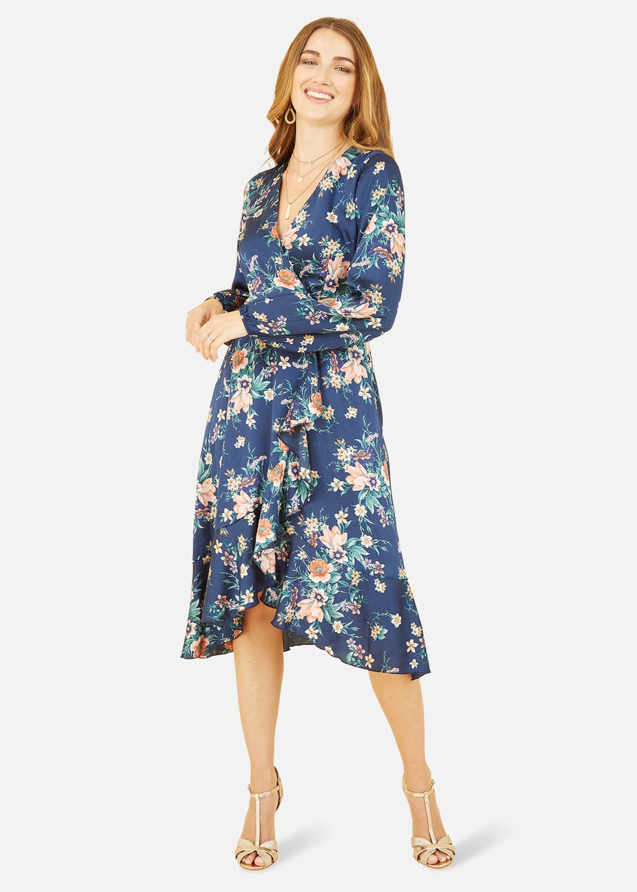 Mela Long Sleeve Floral Print Satin Wrap Dress In Navy