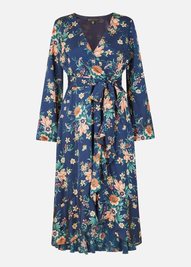 Mela Long Sleeve Floral Print Satin Wrap Dress In Navy