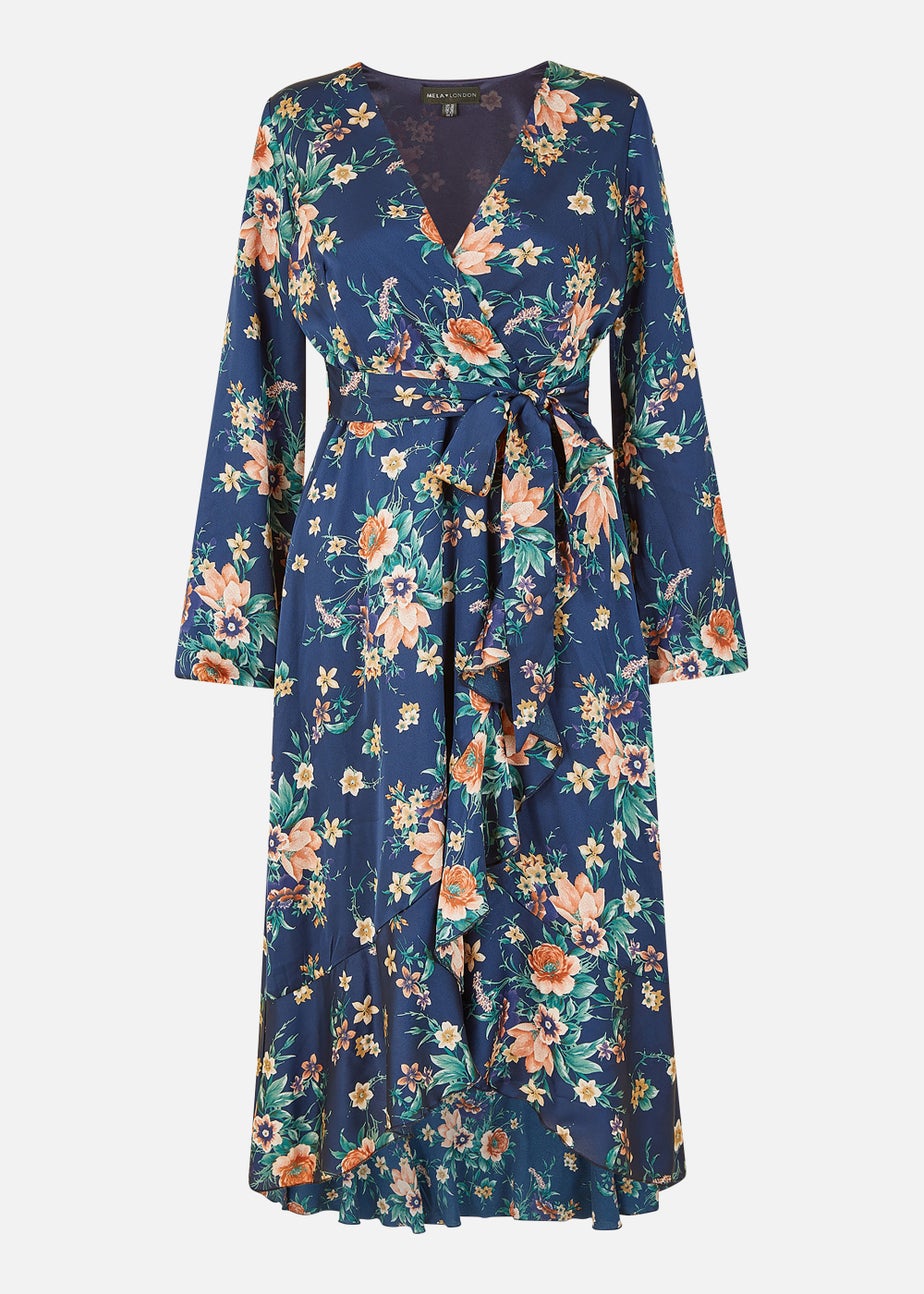 Mela Long Sleeve Floral Print Satin Wrap Dress In Navy