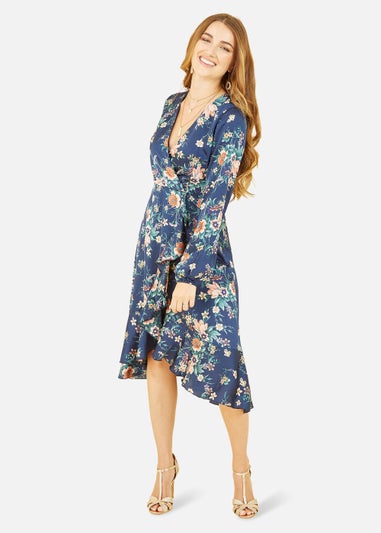 Mela Long Sleeve Floral Print Satin Wrap Dress In Navy