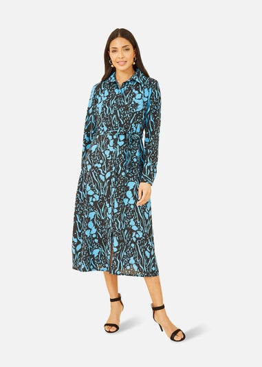 Mela Animal Print Long Sleeve Shirt Midi Dress In Blue