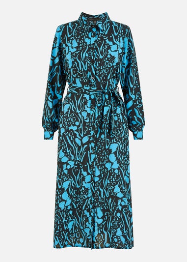 Mela Animal Print Long Sleeve Shirt Midi Dress In Blue