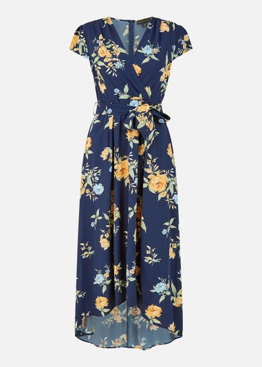 Mela Floral Print Dipped Hem Wrap Dress In Navy