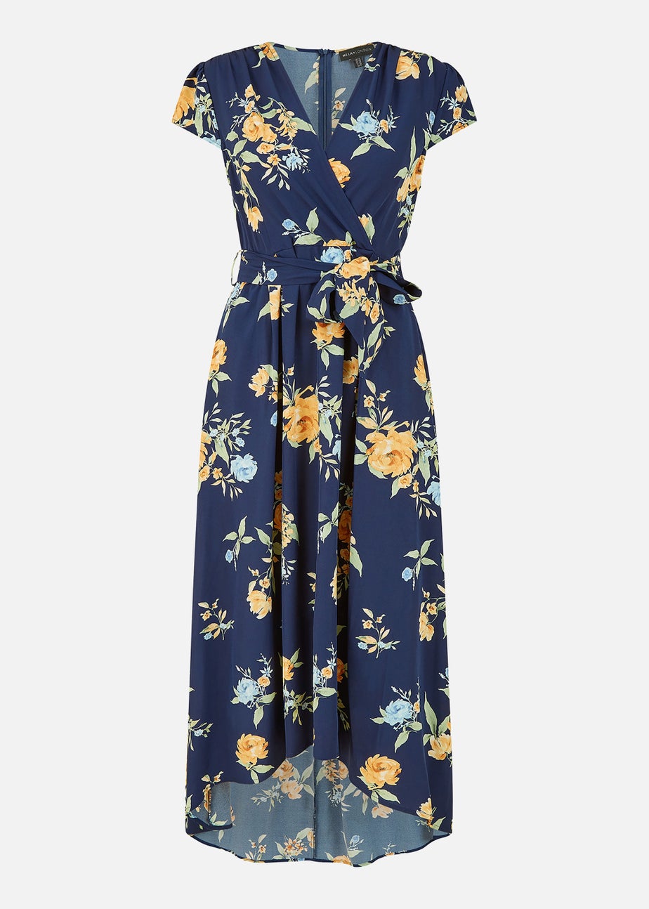 Mela Floral Print Dipped Hem Wrap Dress In Navy