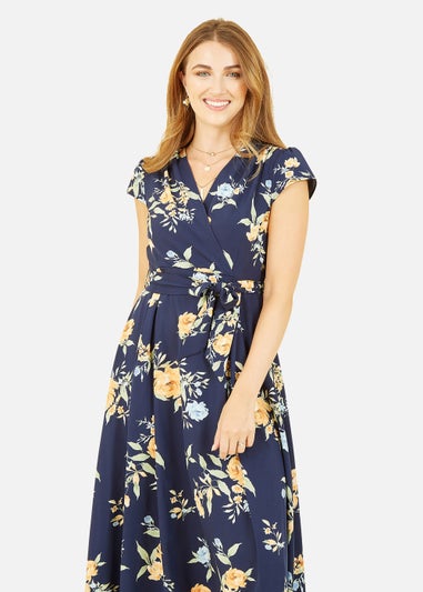 Mela Floral Print Dipped Hem Wrap Dress In Navy