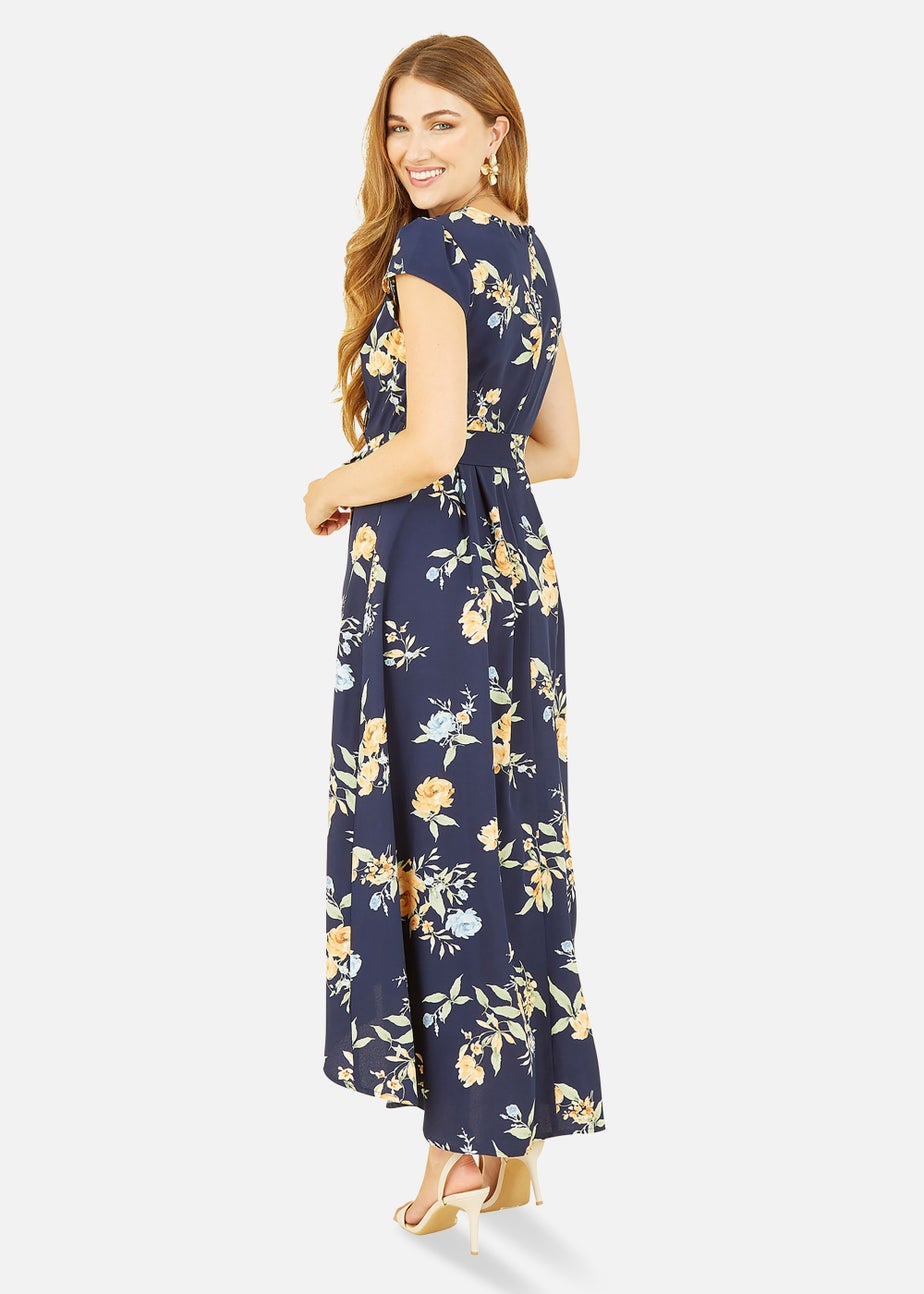Mela Floral Print Dipped Hem Wrap Dress In Navy