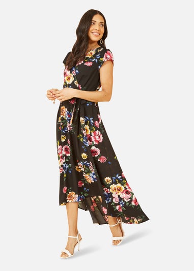 Mela Floral Wrap Over Dipped Hem Midi Dress In Black