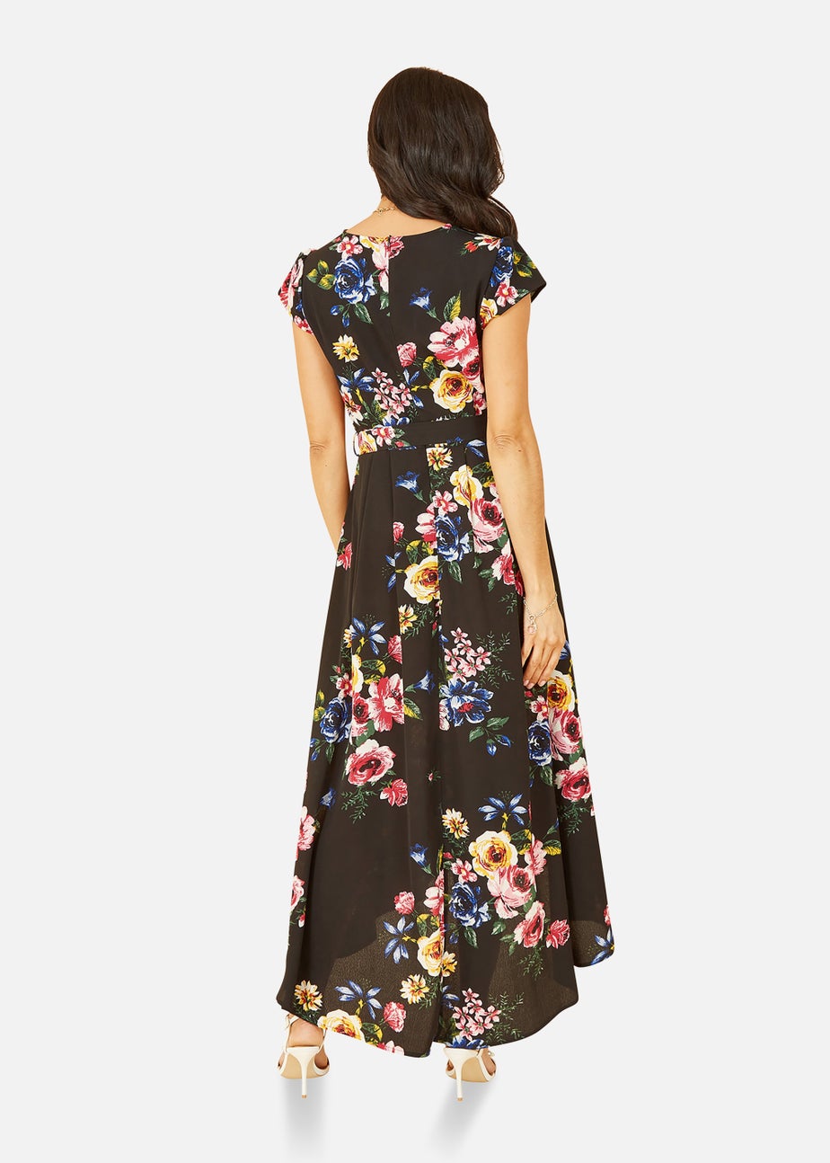 Mela Floral Wrap Over Dipped Hem Midi Dress In Black