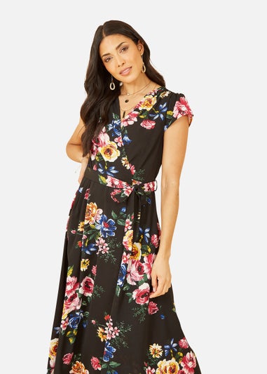 Mela Floral Wrap Over Dipped Hem Midi Dress In Black