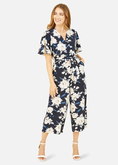Mela Floral Print Jumpsuit With Angel Sleeves In Navy