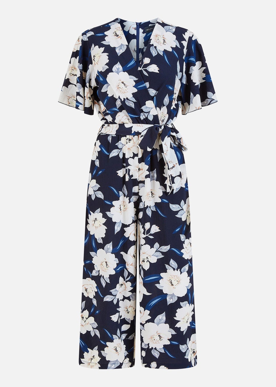 Mela Floral Print Jumpsuit With Angel Sleeves In Navy