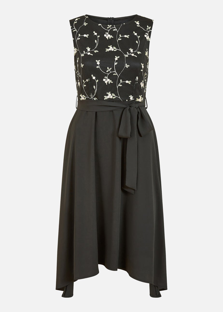 Mela Embroidery Midi Skater Dress With Dip Hem In Black