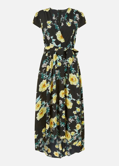Mela Black Floral Print Dipped Hem Midi Wrap Dress