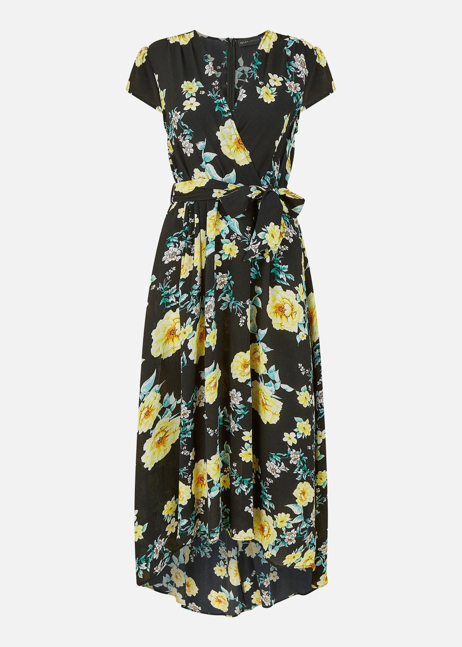 Mela Black Floral Print Dipped Hem Midi Wrap Dress
