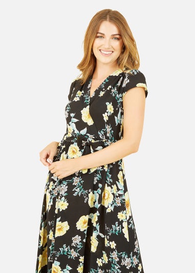Mela Black Floral Print Dipped Hem Midi Wrap Dress