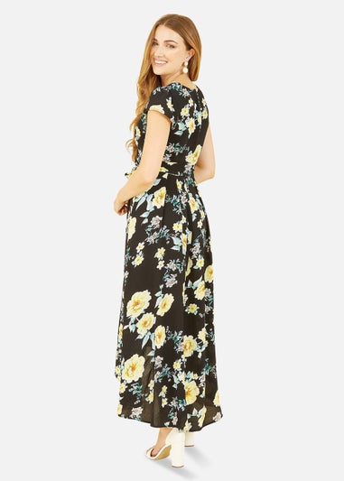 Mela Black Floral Print Dipped Hem Midi Wrap Dress