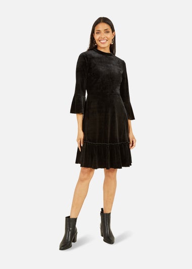 Mela Velvet High Neck Skater Dress In Black