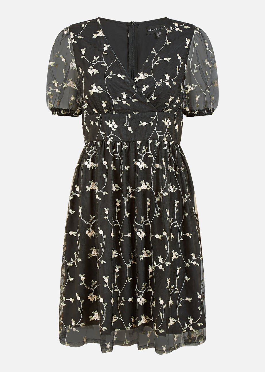 Mela Embroidery Mesh Skater Dress In Black