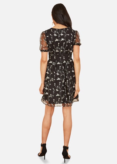 Mela Embroidery Mesh Skater Dress In Black