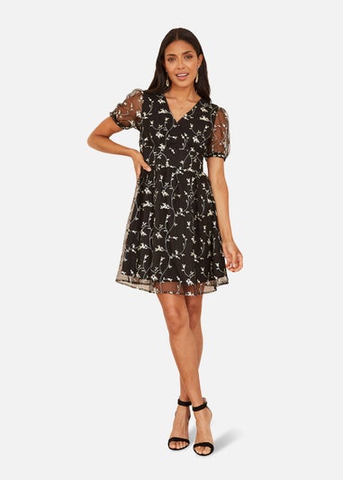 Mela Embroidery Mesh Skater Dress In Black