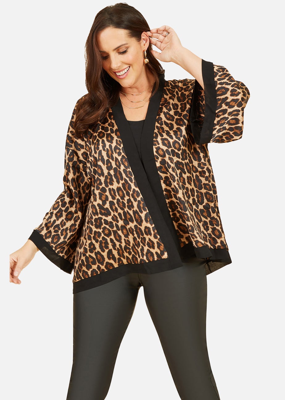 Mela Plus Size Animal Print Satin Kimono In Brown