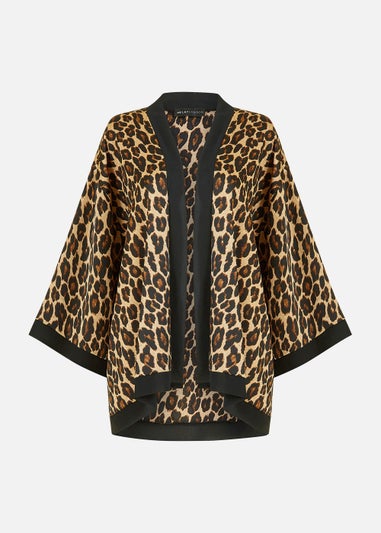 Mela Plus Size Animal Print Satin Kimono In Brown