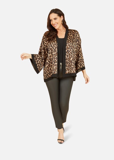 Mela Plus Size Animal Print Satin Kimono In Brown