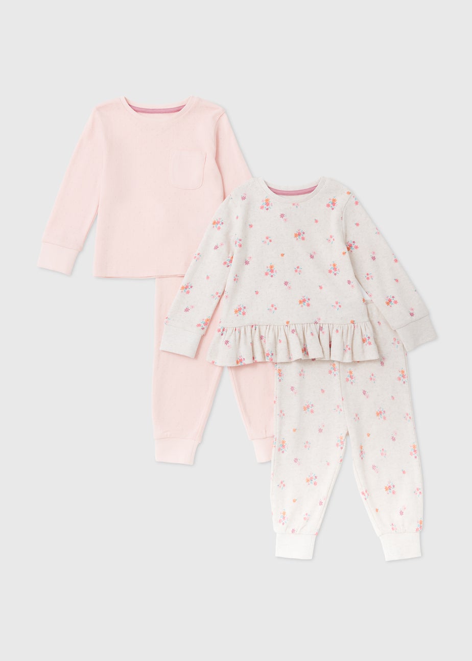 Girls 2 Pack Cream Floral Print Pointelle T-Shirt & Leggings Set (9mths-5yrs)