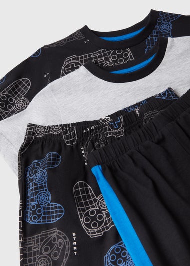 Boys 2 Pack Blue Graffiti Gamer Print Pyjama Sets (4-12yrs)