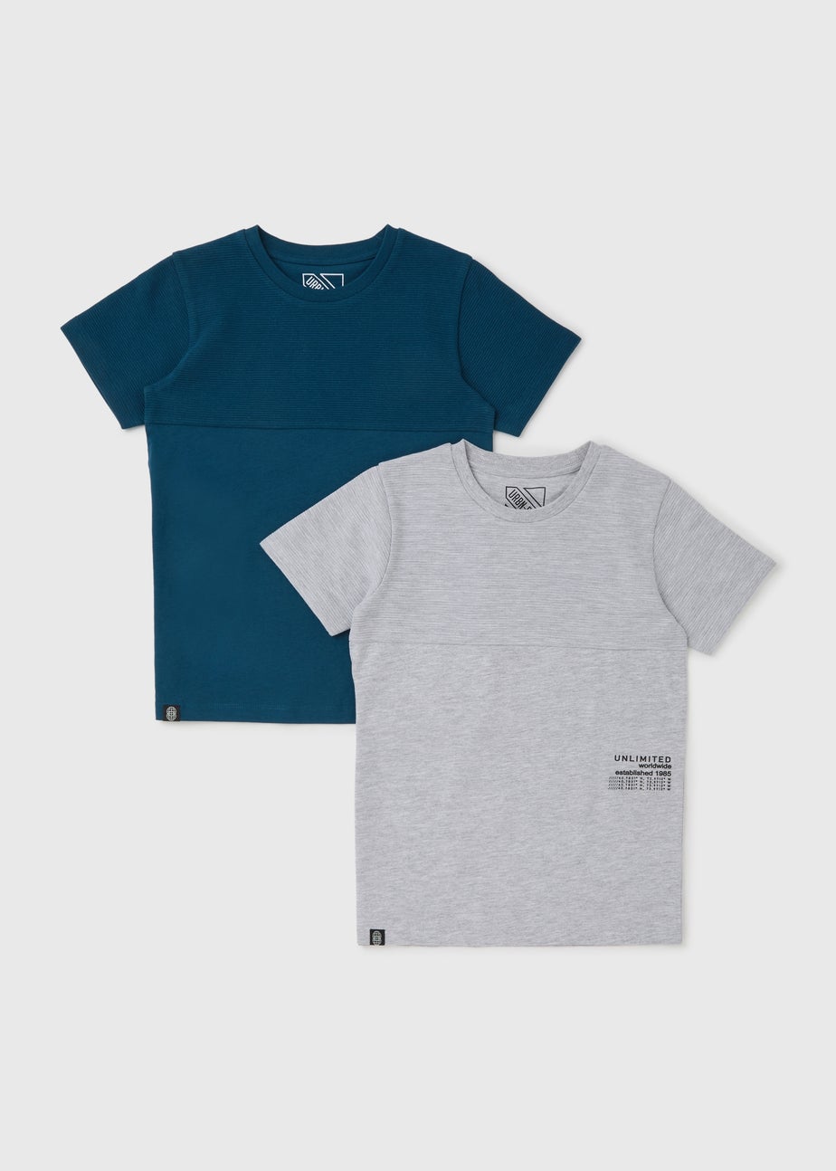 Boys 2 Pack Blue Ribbed Ottoman T-Shirts (7-13yrs)