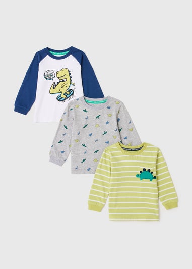 3 Pack Boys Grey Dinosaur Long Sleeve T-Shirts (1-7yrs)