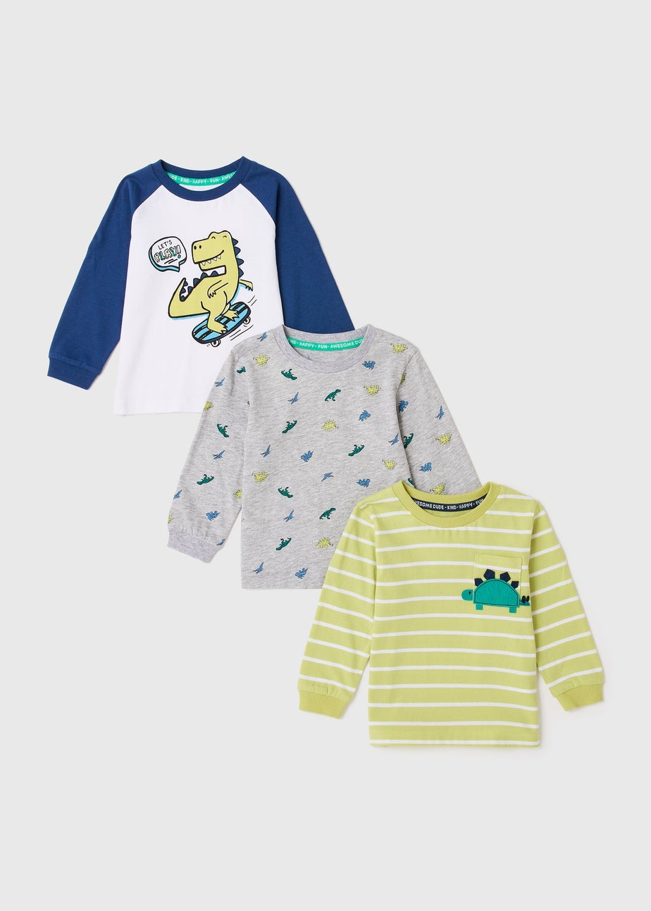 3 Pack Boys Grey Dinosaur Long Sleeve T-Shirts (1-7yrs)