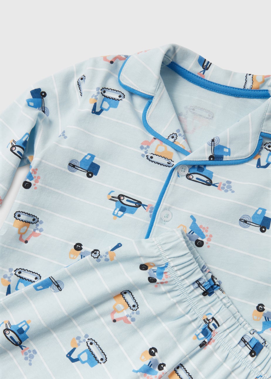 Boys Blue Transport Print Button Up Pyjama Set (9mths-5yrs)