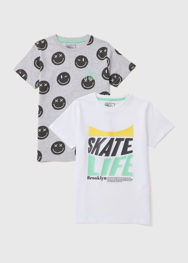 Boys 2 Pack White Smiles & Skate T-Shirts