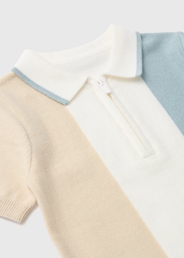 Boys Blue & Stone Cut & Sew Knitted Polo Shirt (1-7yrs)