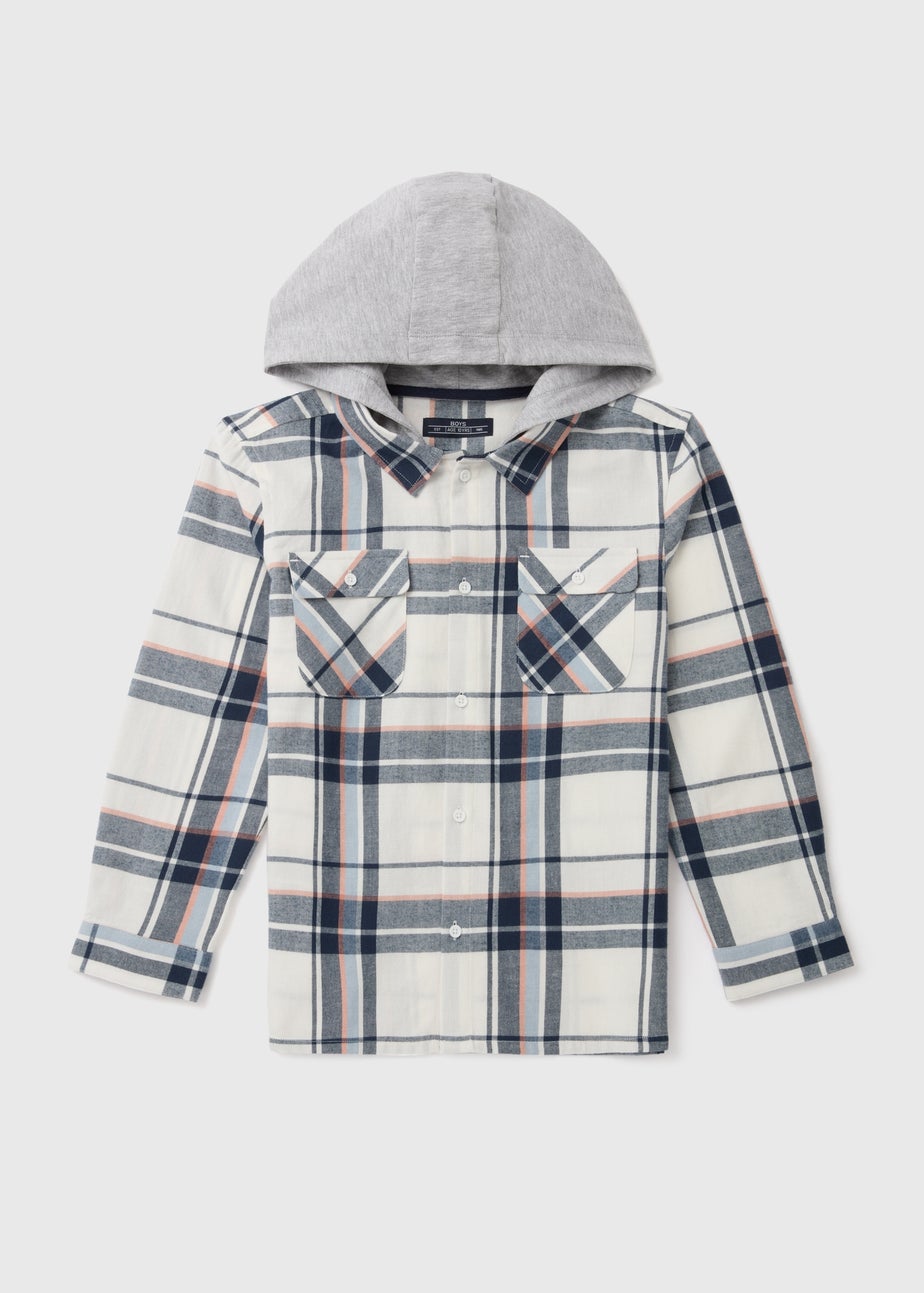 Boys Ecru Check Hooded Shacket (7-13yrs)