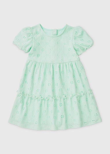 Girls Green Tiered Jersey Broderie Dress (1-7yrs)