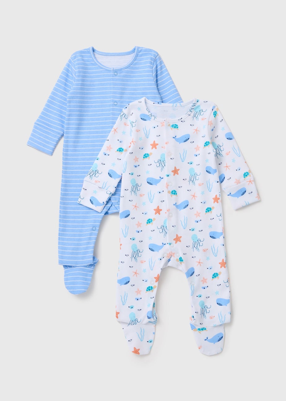 Baby 2 Pack Blue Under The Sea Sleepsuits (Newborn-23mths)