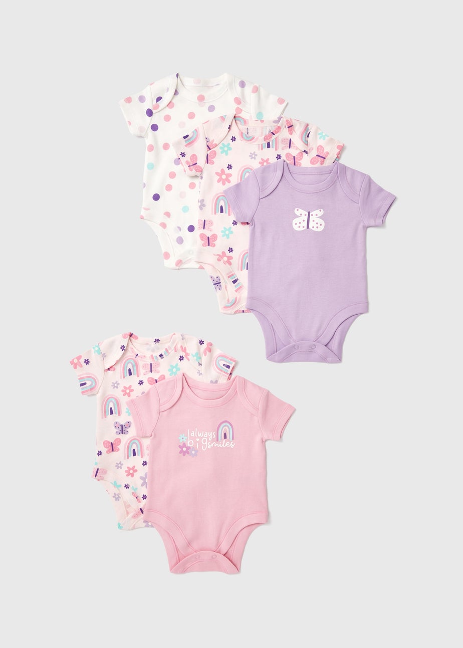 Baby 5 Pack Pink Butterfly Bodysuits (Newborn-23mths)