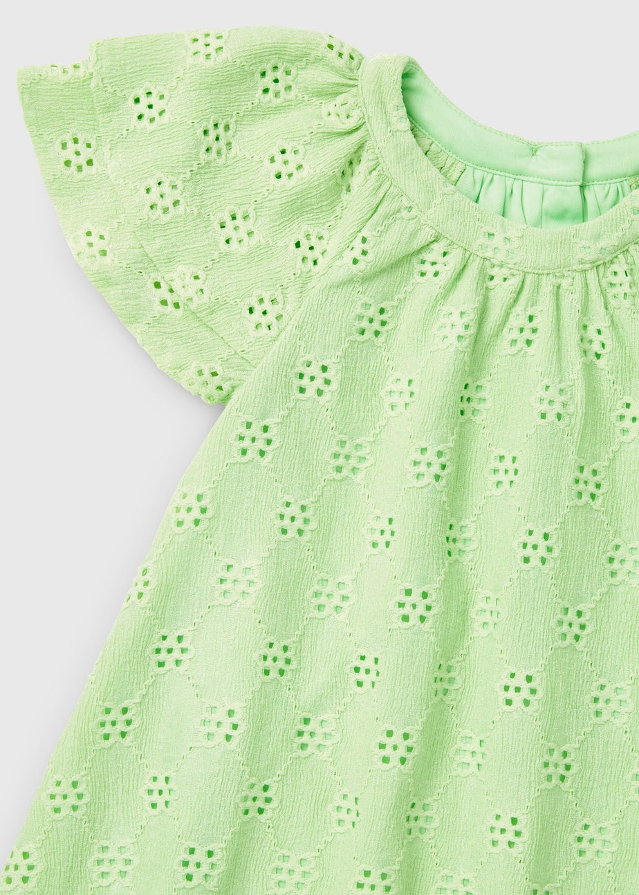 Girls Green Angel Sleeve Broderie Dress (1-7yrs)