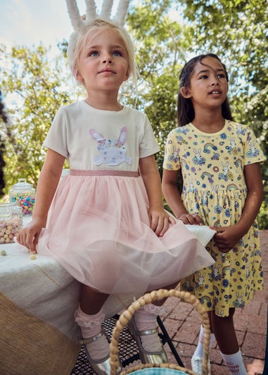 Girls White Bunny Ribbed Mesh Dress (1-7yrs)