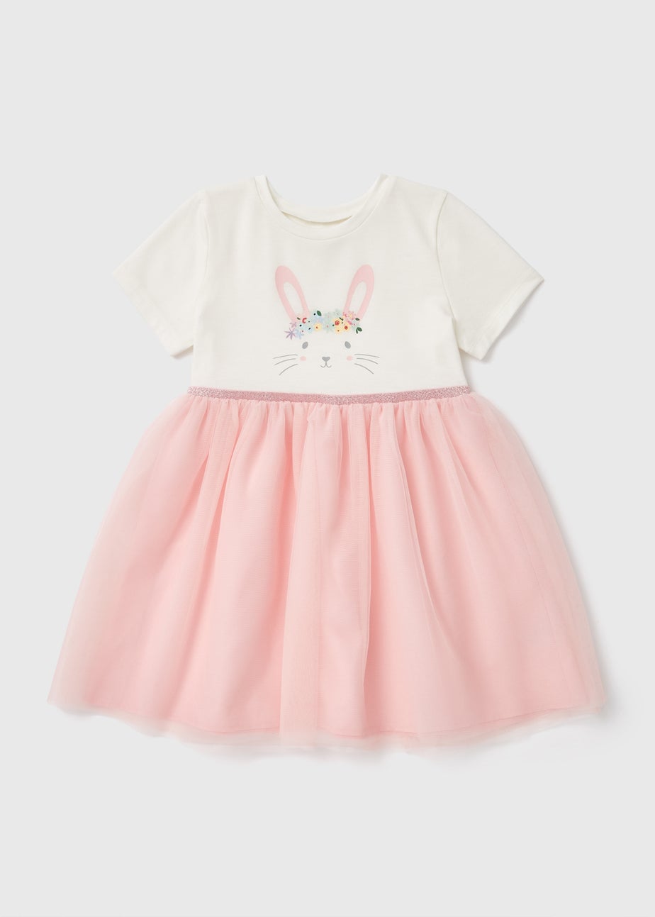 Girls White Bunny Ribbed Mesh Dress (1-7yrs)