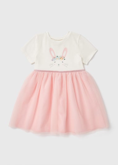 Girls White Bunny Ribbed Mesh Dress (1-7yrs)