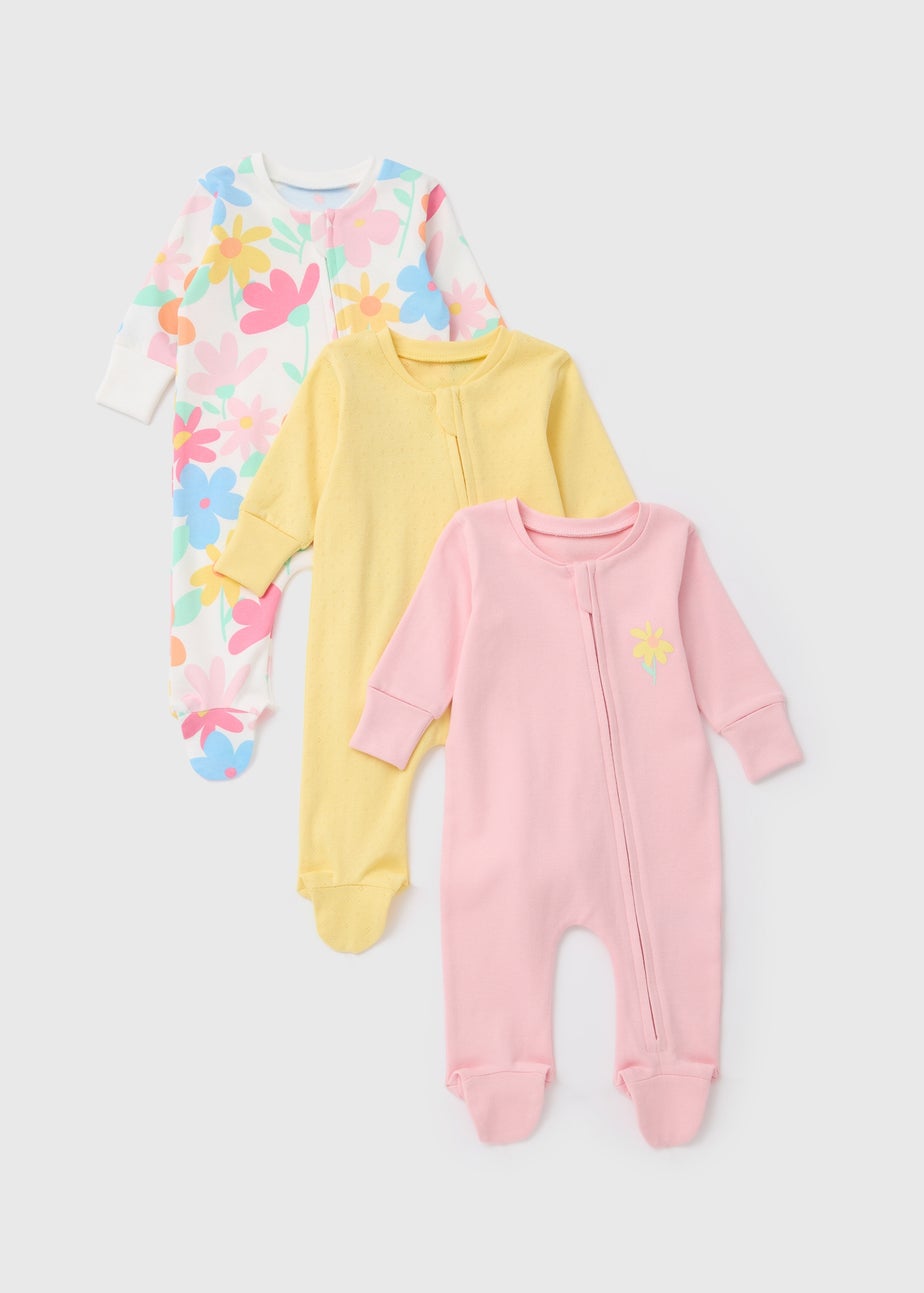 Baby 3 Pack Pink Floral Sleepsuit (Tiny Baby-18mths)