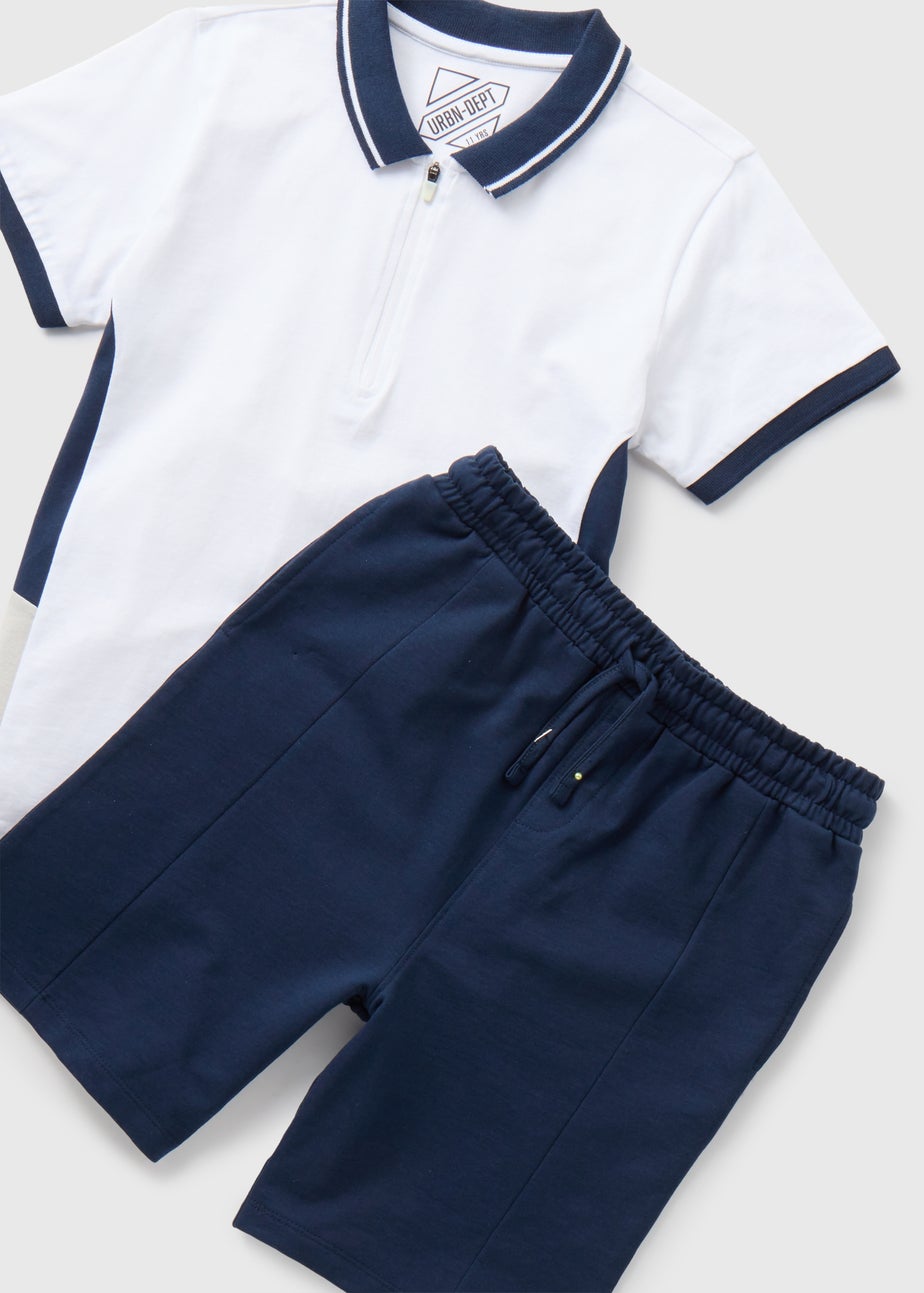 Boys Navy Cut & Sew Polo & Shorts Set (7-12yrs)