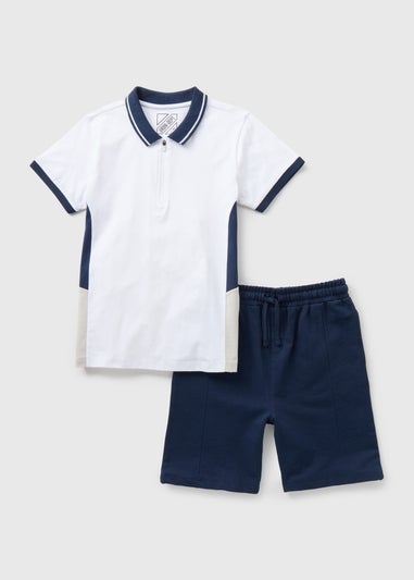 Boys Navy Cut & Sew Polo & Shorts Set (7-12yrs)