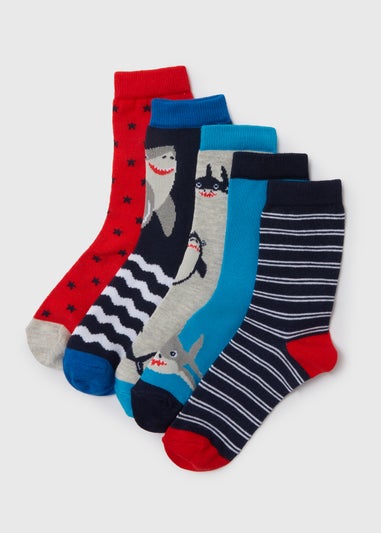 Boys 5 Pack Multicolour Shark Socks (Younger 6-Older 5.5)